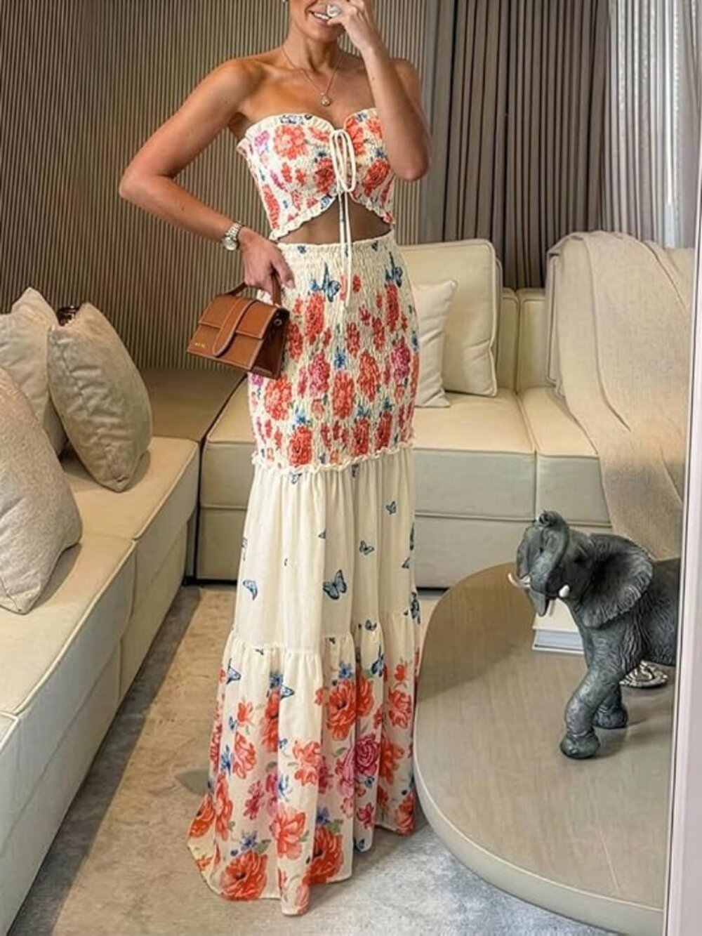 Floral Printed Vacation Dress Halter Tie Ruched Shirred Bandeau Party Dress Sli